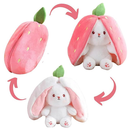 Reversible Strawberry Bunny Plush - Cute & Versatile Toy with Zipper for Kids and Adults