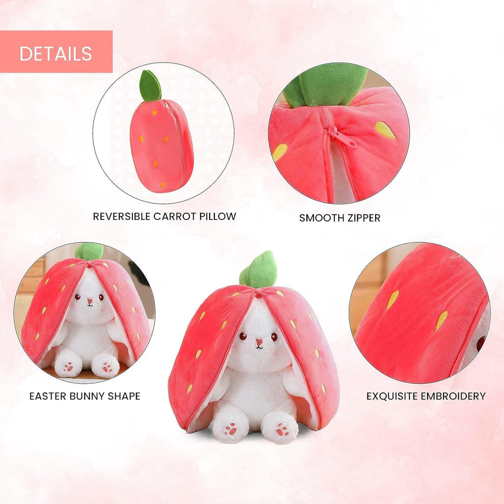 Reversible Strawberry Bunny Plush - Cute & Versatile Toy with Zipper for Kids and Adults