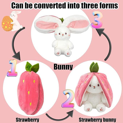 Reversible Strawberry Bunny Plush - Cute & Versatile Toy with Zipper for Kids and Adults