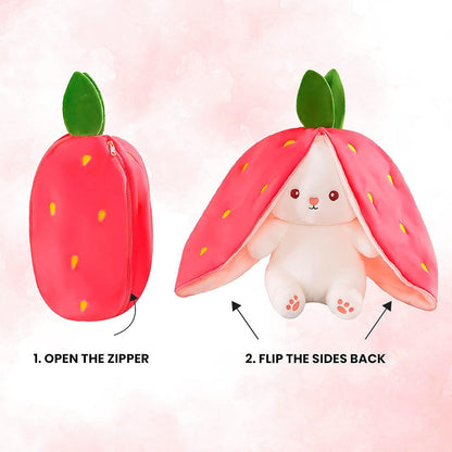 Reversible Strawberry Bunny Plush - Cute & Versatile Toy with Zipper for Kids and Adults