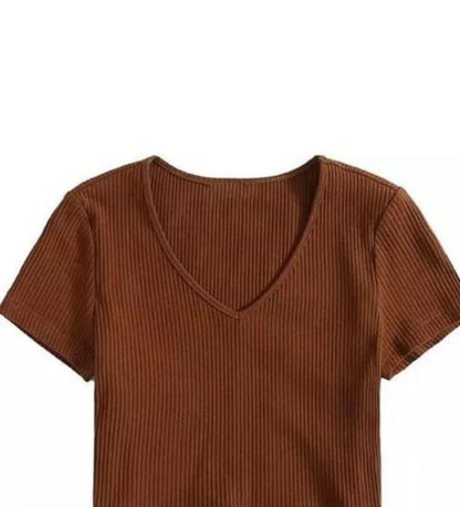 Coffee Women's Crop T-Shirt V-Neck Sleeve Summer Shirts Cotton Short Sleeve Tops (Brown) C001