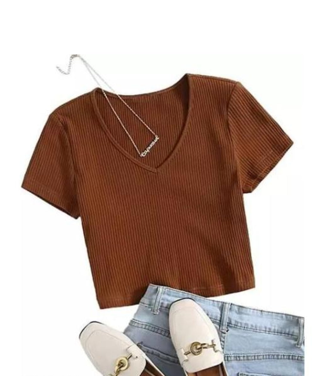 Coffee Women's Crop T-Shirt V-Neck Sleeve Summer Shirts Cotton Short Sleeve Tops (Brown) C001