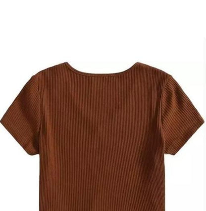 Coffee Women's Crop T-Shirt V-Neck Sleeve Summer Shirts Cotton Short Sleeve Tops (Brown) C001