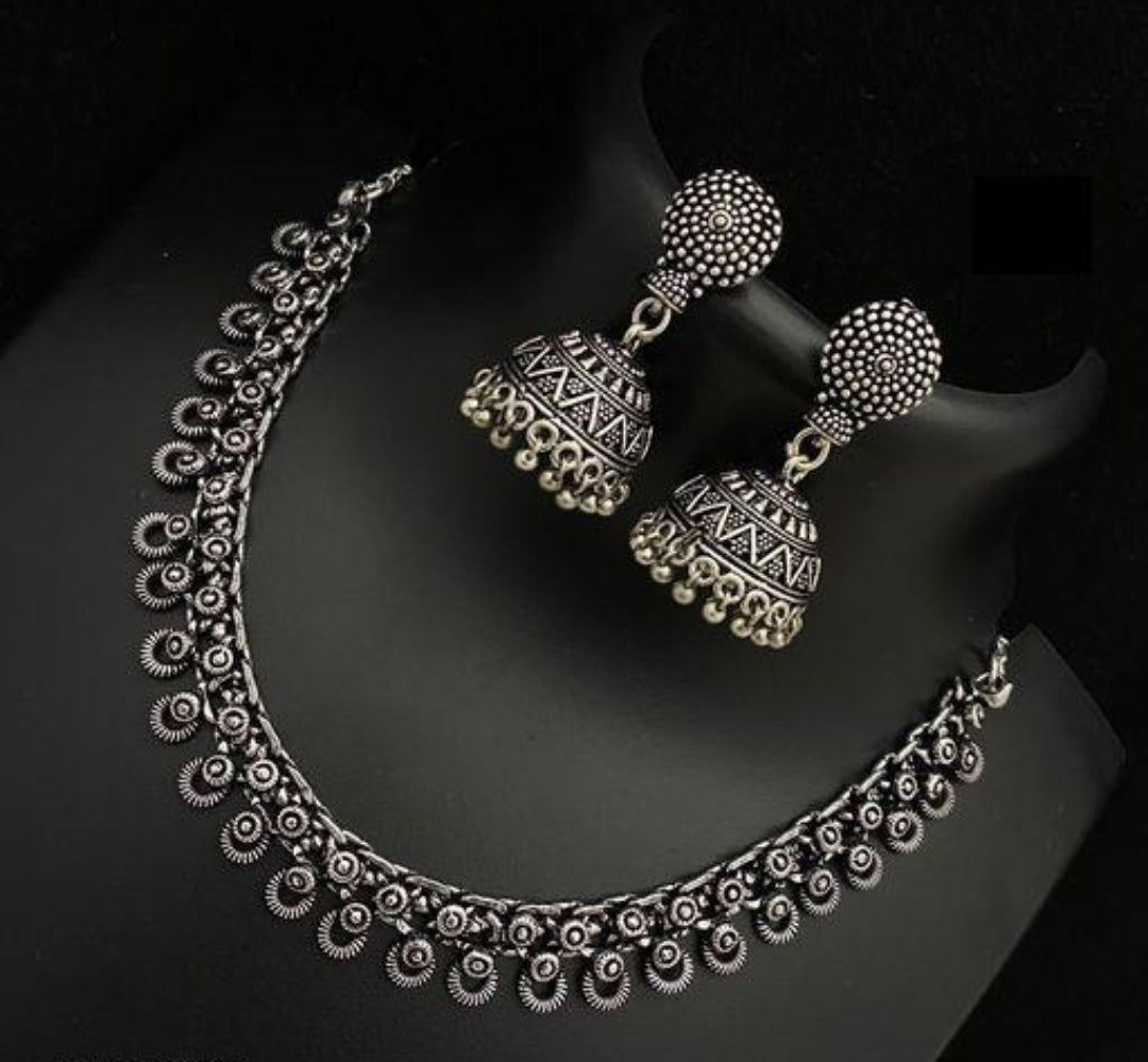 Silver Plated Handmade Party Wear Necklace Jewellery Set with Jhumkaa Earrings for Girls and Women